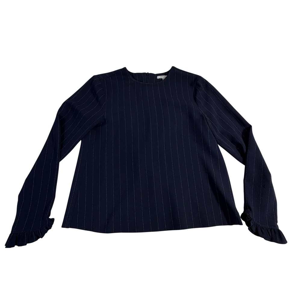 Ganni Clark Polyester Blouse US 2 Navy Pinstripe Ruffle Cuff READ
